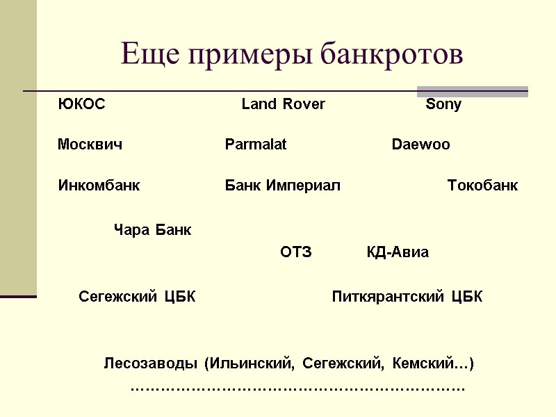 Еще примеры банкротов ЮКОС          